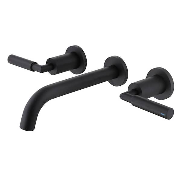Tomfaucet Double Handle Wall Mounted Bathroom Sink Faucet With Pop-up Drain Assembly in Matte Black