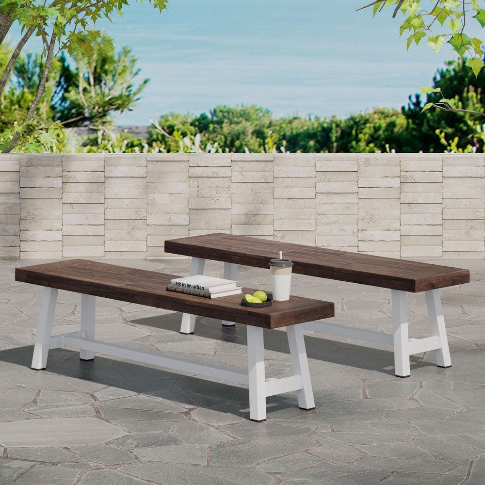 Sandblasted Dark Brown Acacia Wood Outdoor Carlisle Benches with White Rustic Metal Base (Set of 2) price history on PriceWatchPro