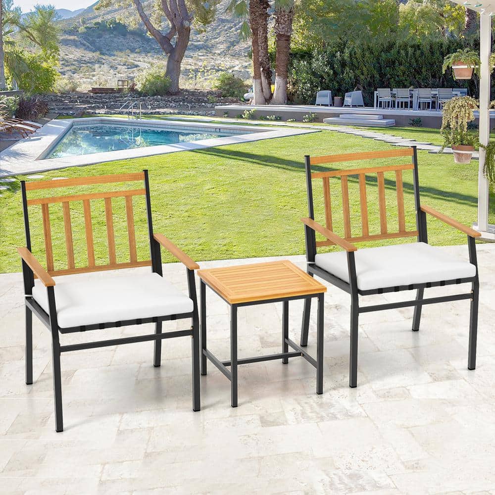 Acacia Wood and Metal 3-Piece Patio Set with Off-White Cushions