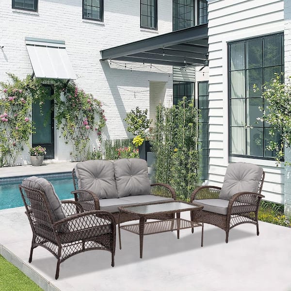 Tunearary Brown 4-Piece Outdoor Modern Wicker Set with Gray Cushions