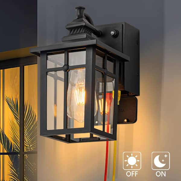 11 in. Matte Black Dusk to Dawn Outdoor Hardwired Wall Lantern Sconce with GFCI Outlet, No Bulbs Included