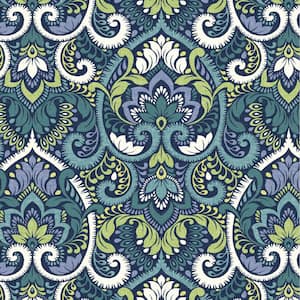 21 in. x 21 in. Sapphire Aurora Blue Damask Square Outdoor Seat Cushion