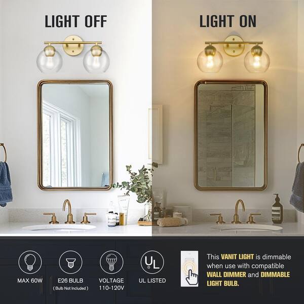 JAZAVA 15 in. 2-Light Gold Bathroom Light Fixtures Over Mirror