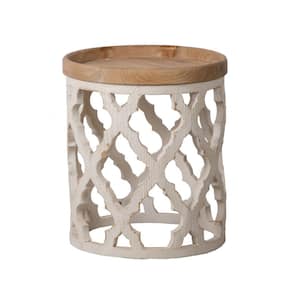 20 in. Brown and Cream Round Wood End/Side Table with Wooden Frame
