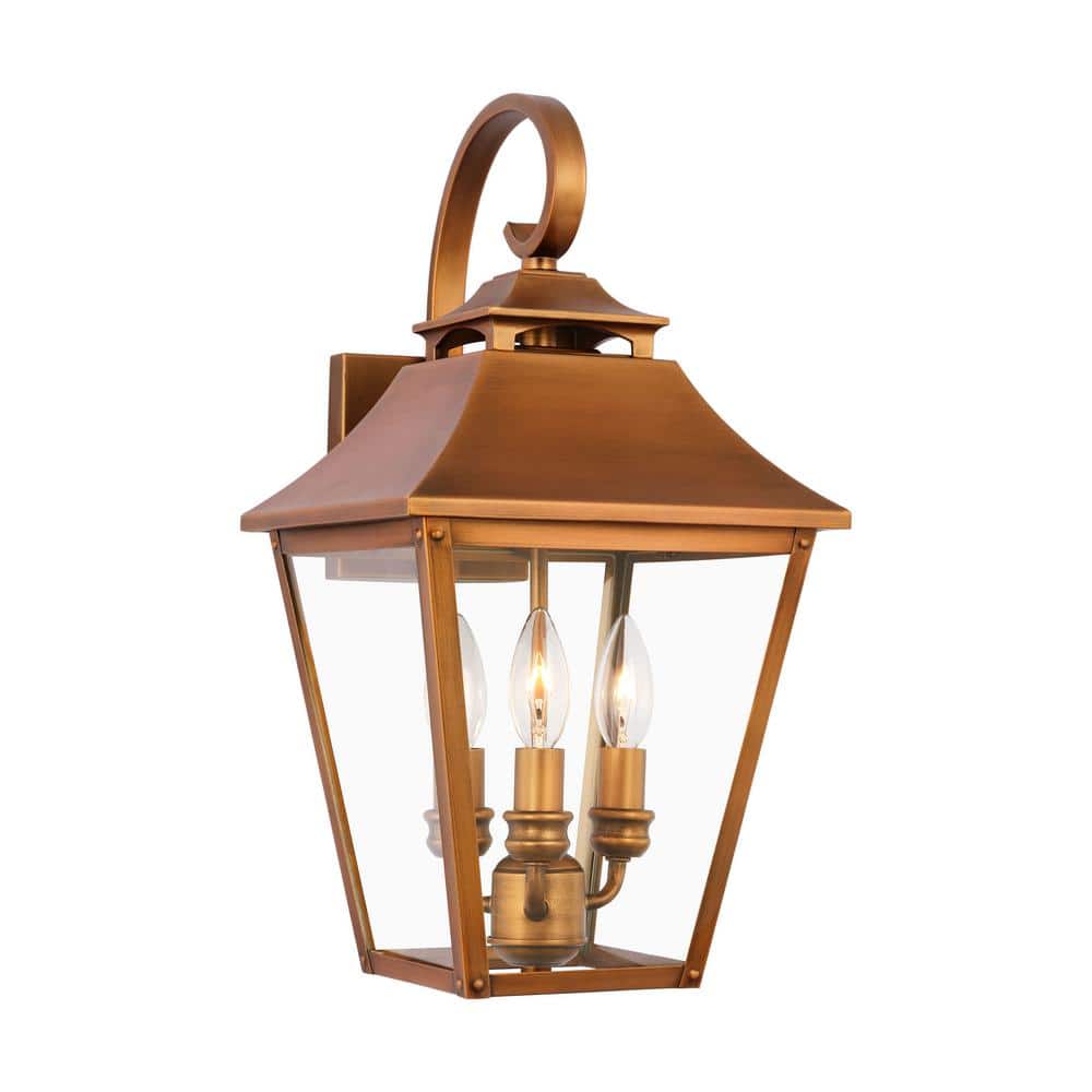 Natural Copper 3-Light Outdoor Wall Lantern with Clear Seeded Glass