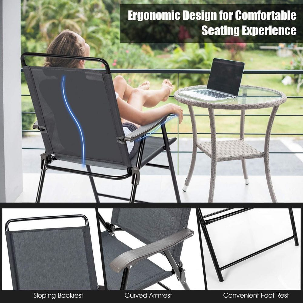 Gray Steel Folding Patio Chairs with Armrests, Set of 4