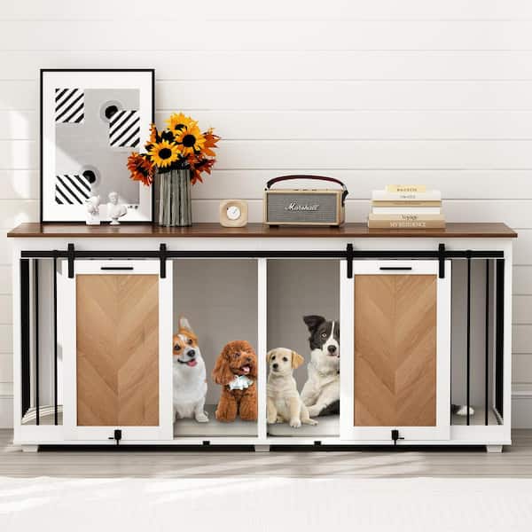 FUFU&GAGA Large Double Dog Crate Furniture, Wooden Dog Crate Kennel Furniture with Sliding Door and Divider for Medium Large Dogs