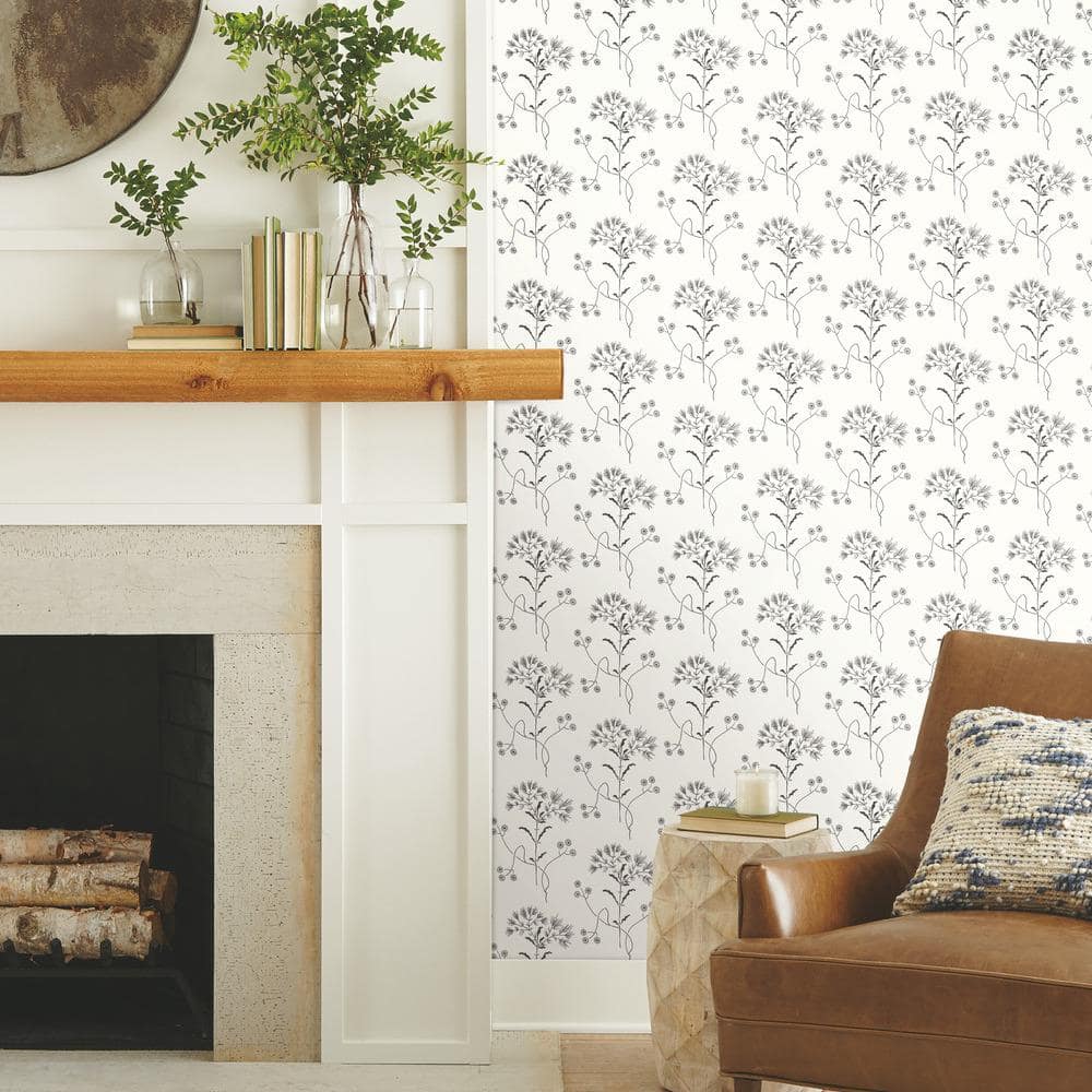 Black and White Vinyl-Coated Floral Wallpaper Roll