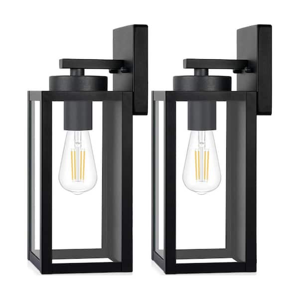 120-Volt ‎100W Modern Matte Black Outdoor Wall Lanterns with Glass Shades with E26 Sockets, 2-Pack