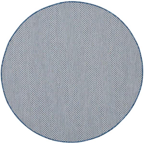 Nourison Courtyard Ivory Blue 5 ft. x 5 ft. Round Solid Geometric Contemporary Indoor/Outdoor Area Rug