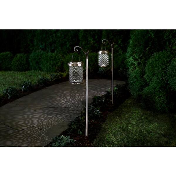 Hampton Bay MONROE Solar Black and Silver LED Lantern Path Light with Shepard's Hook 15 Lumens (2-Pack)