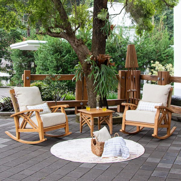 Cambridge Casual Cambridge Casual Carmel 3-Piece Teak Wood Rocking Patio Conversation Set with Tan Cushion