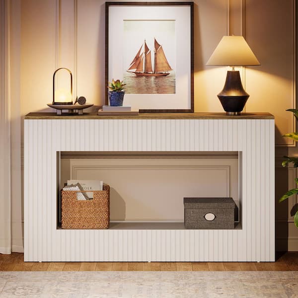 Modern 55 in. White Rectangle Wood Console Table with Storage, Narrow Long Sofa Table for Living Room, Foyer, Hallway