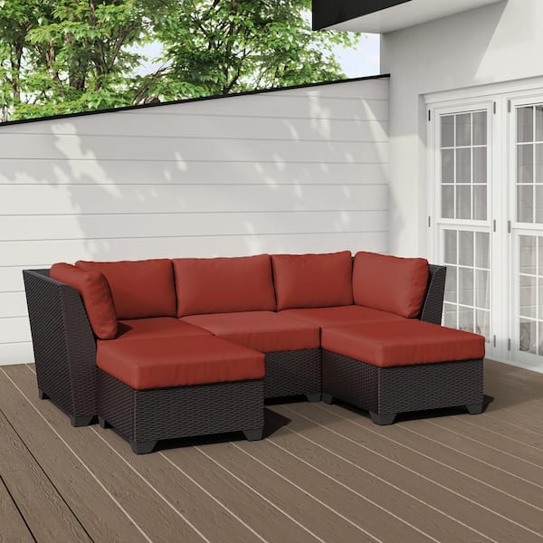 TK CLASSICS Barbados 5-Piece Outdoor Wicker Patio Conversation Furniture Set with Terracotta Cushion