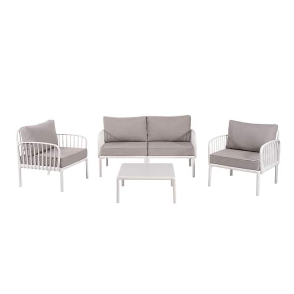 BOPOREA MEGO LLC 5-Piece Plastic Patio Conversation Set with Gray Cushions-Modern Outdoor Sectional with Coffee Table
