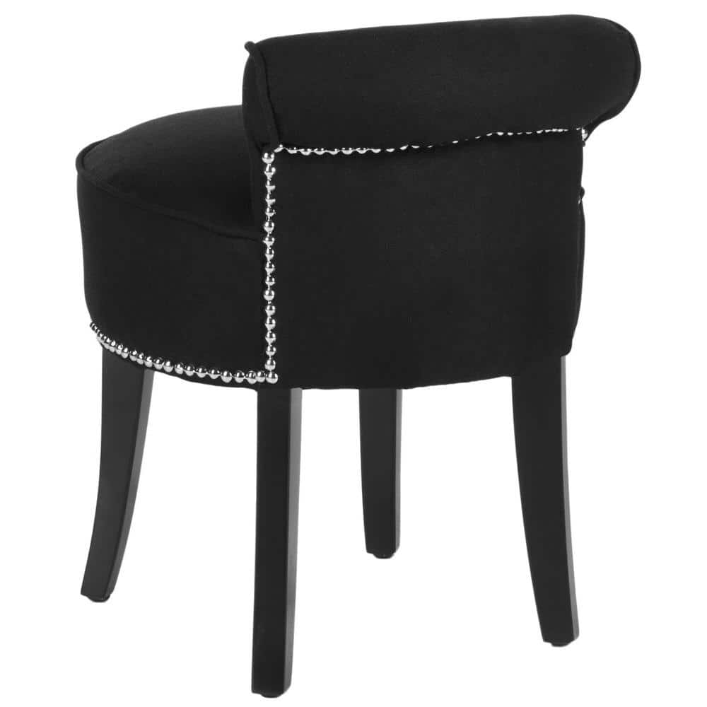 Petite Black Linen Birchwood Vanity Stool with Silver Nailhead Trim