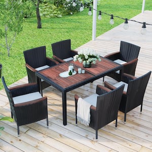 7-Piece Wicker Outdoor Dining Set, Acacia Wood Tabletop, Stackable Armrest Chairs with Cushions, Reddish-Brown