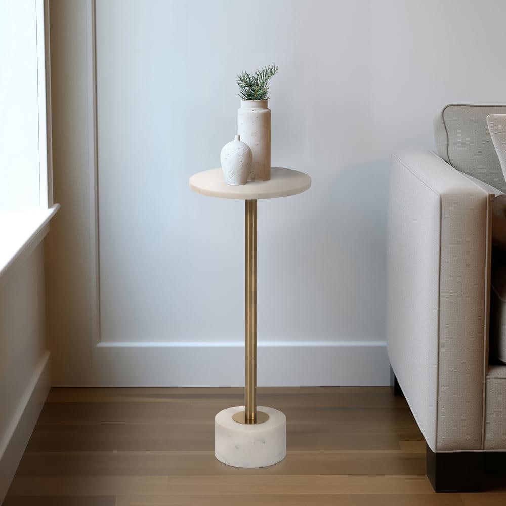 Gold and White Marble Round Side Table with Metal Base