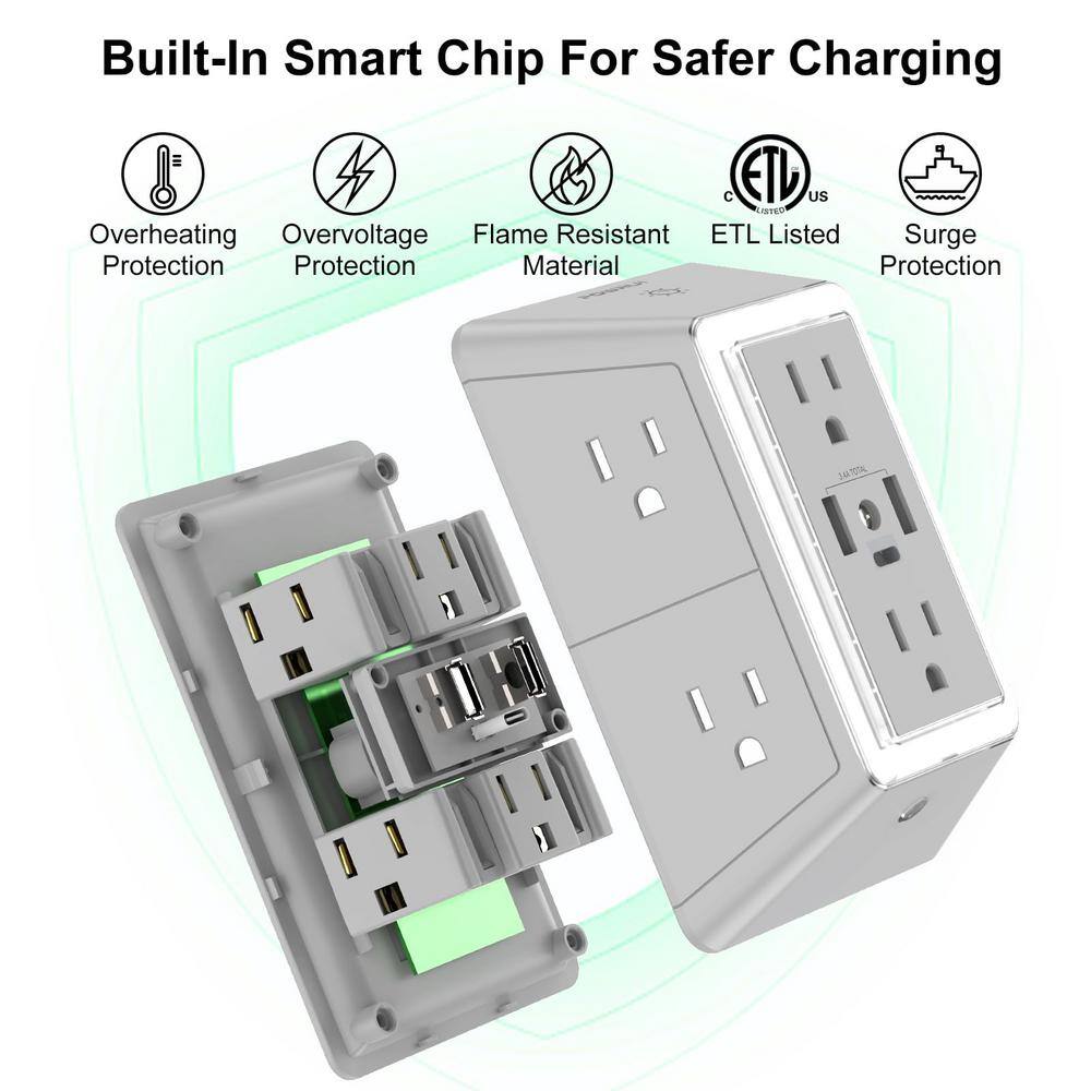 Grey 6-Outlet Surge Protector with USB Ports and Night Light