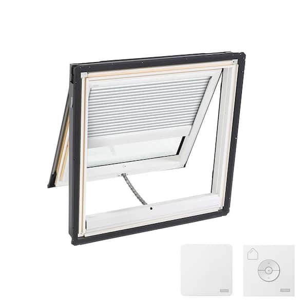 VELUX 30-1/16 in. x 30 in. Venting Deck Mount Skylight with Laminated Low-E3 Glass, White Solar Powered Room Darkening Shade