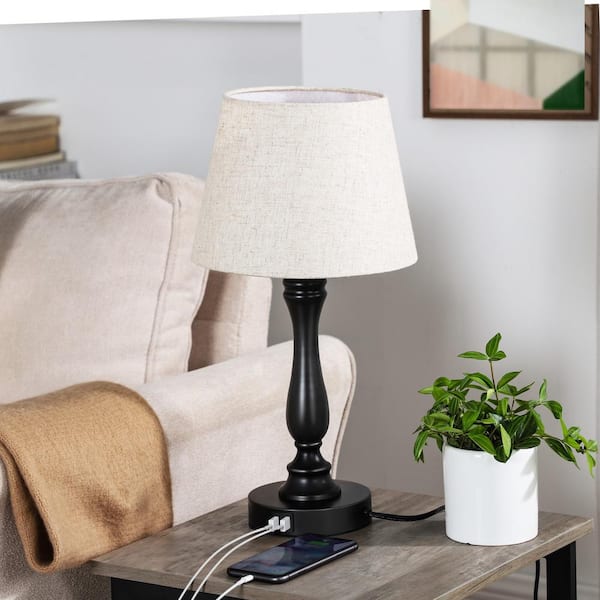 Laraine 19 in. Black Touch Control 3-Way Table Lamp with 2-USB Ports, Natural Beige Linen Shade