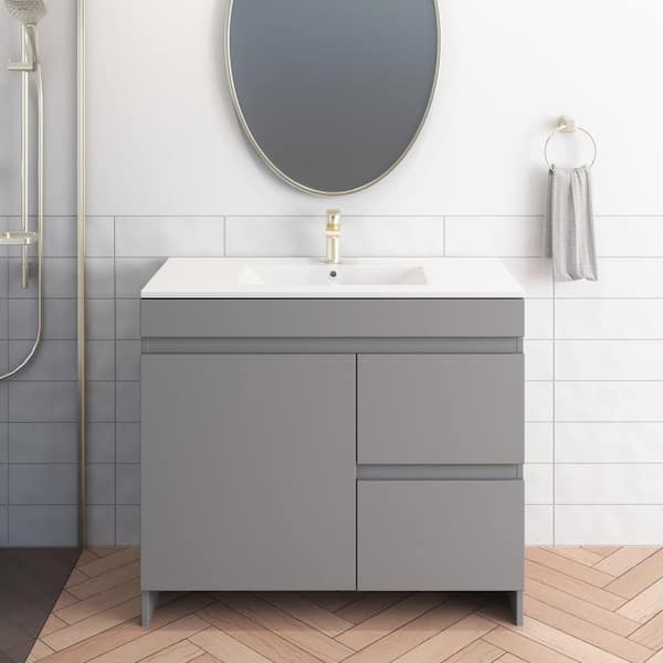 VOLPA USA AMERICAN CRAFTED VANITIES Mace 40 in. W x 18 in. D x 34 in. H Bath Vanity in Gray with White Ceramic Top and Right-Side Drawers