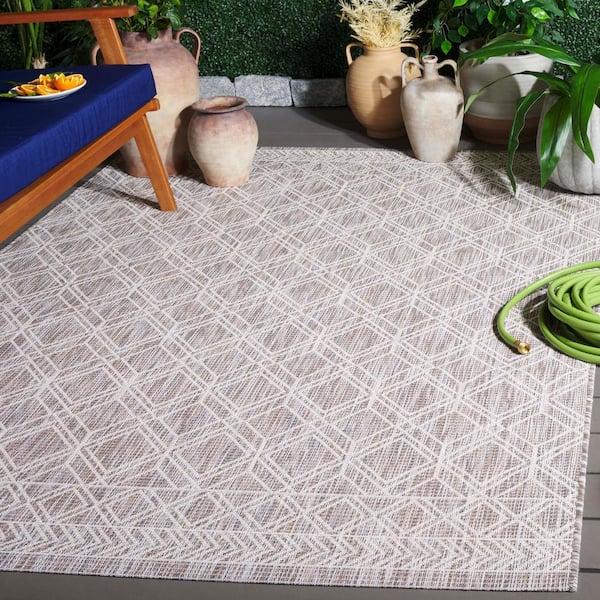 Courtyard Ivory/Beige Gray 7 ft. x 7 ft. Border Trellis Indoor/Outdoor Square Area Rug