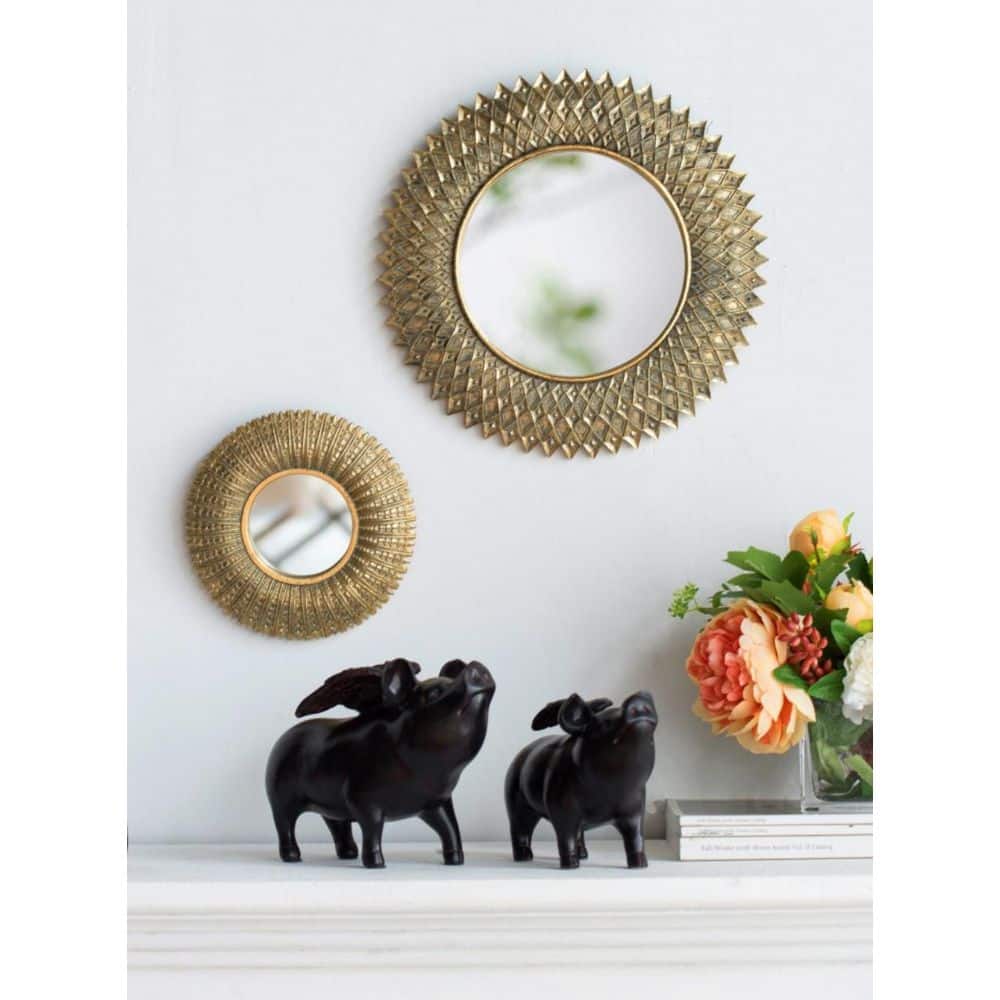 Antique Gold Diamond Pattern Round Wall Mirror 13"