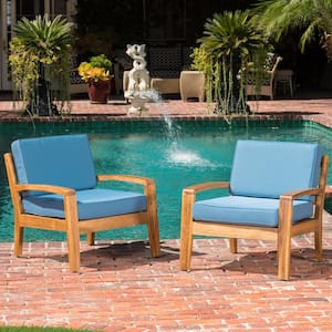 Teak Finish Wood Outdoor Patio Lounge Chairs with Blue Cushion (2-Pack)