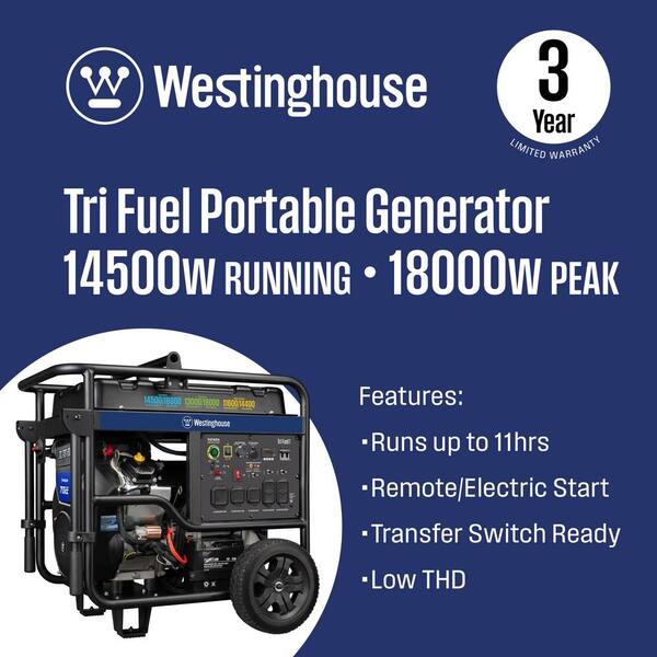 18,000/14,500-Watt Tri-Fuel Gas, Propane, Natural Gas Powered Portable Generator with Remote Electric Start, 50A Outlet