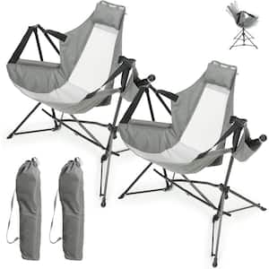 Oversized Folding Portable Swinging Hammock Grey Chairs for Adults with Stand and Storage Bag Set of 2