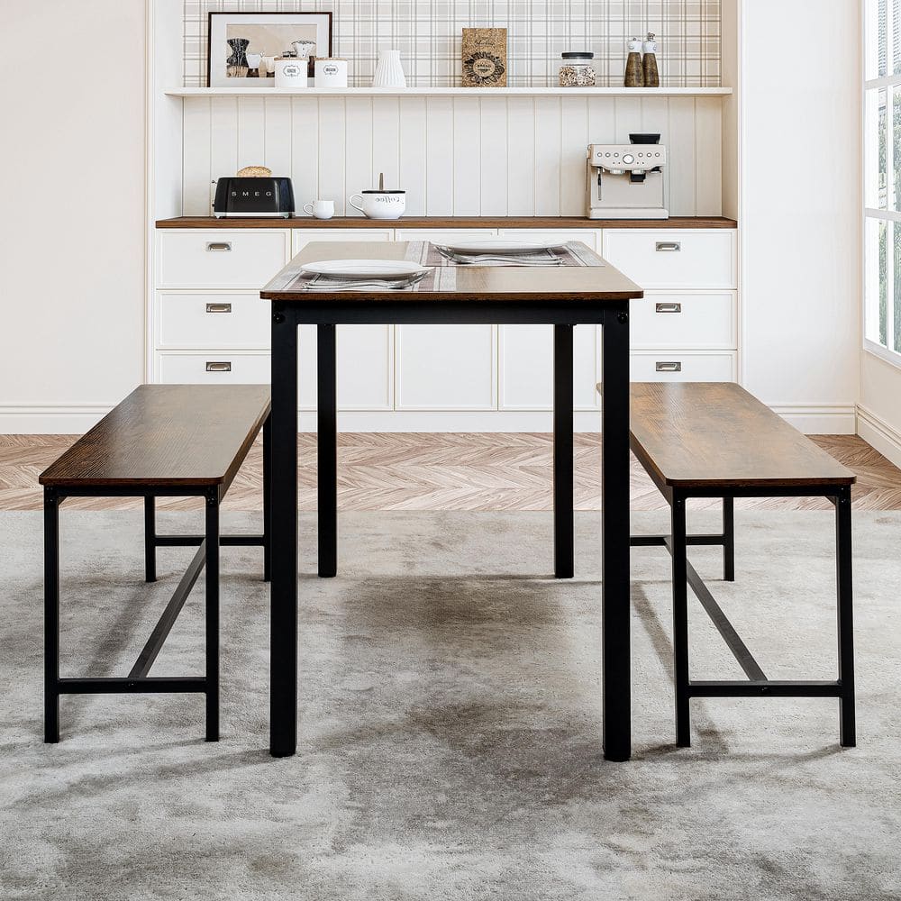 43.30" Rustic Brown 3-Piece Dining Table Set with Benches for 4-Small Space Kitchen & Dining Room Furniture