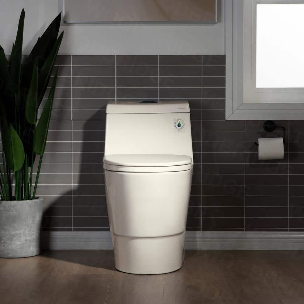 Biscuit Elongated One-Piece Dual Flush Toilet with Chrome Button
