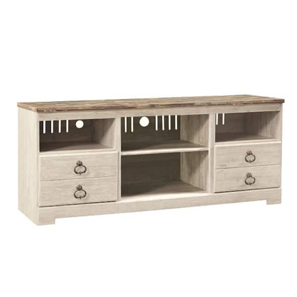 Benjara 63.39 in. White and Brown Wood TV Stand Fits TVs up to 60 in. with 2-Drawers and 4 Compartment