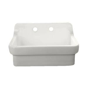Wall Mount Vitreous China 30 in. 2-Hole Single Bowl Kitchen Sink Kit in White