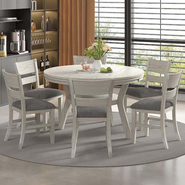 Farmhouse Round Dining Set with Ladder-Back Chairs, 7-Piece Wood Dining Table Set for Kitchen or Dining Room, Gray