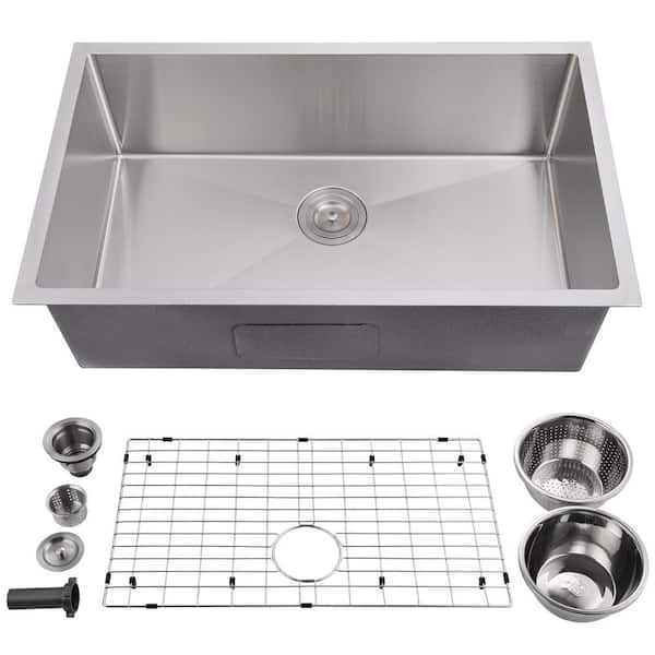 32 in. Stainless Steel Undermount Single Bowl Laundry/Utility Sink with Bottom Grid, Roll-Up Drain Cover, Drain Basket