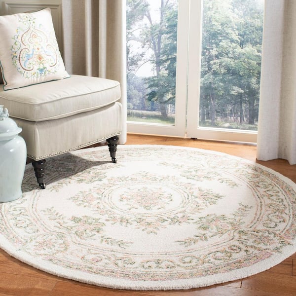 Micro-Loop 7 ft. x 7 ft. Round Ivory/Fuchsia Floral Border Area Rug
