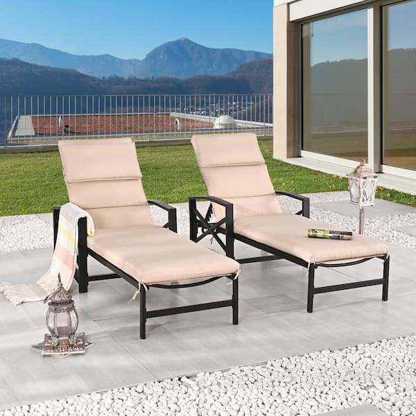 TOP HOME SPACE Adjustable Back Metal Outdoor Lounge Chair with Khaki Cushions (2-Pack)