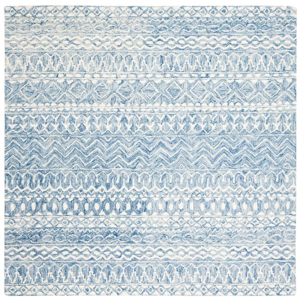 SAFAVIEH Micro-Loop Blue/Ivory Doormat 3 ft. x 3 ft. Distressed Tribal Square Area Rug