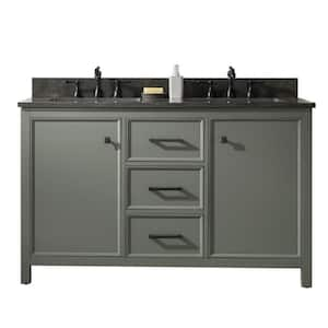 54 in. W x 22 in. D x 34 in. H Bath Vanity in Pewter Green with Double Sinks with Blue Limestone Vanity Top in Black