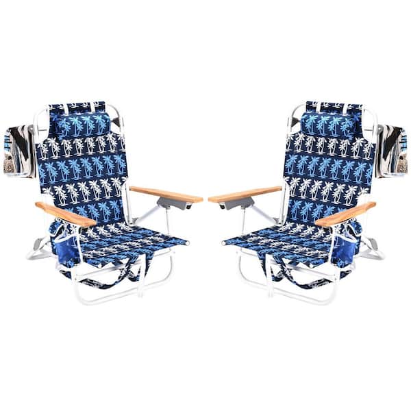 Unbranded 13 in. H 2-Pieces Blue and Black Aluminium Folding 5-Position Backpack Beach Chairs with Pouch and Beach Towels