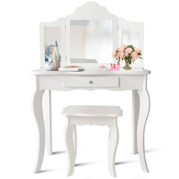 Costway White Wood Vanity Table Set, Glass Makeup Vanity Tables