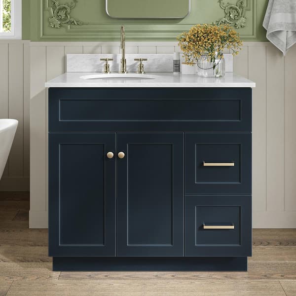 ARIEL Hamlet 37 in. W x 22 in. D x 35.25 in. H Vanity in Midnight Blue with White Carrara Marble Vanity Top