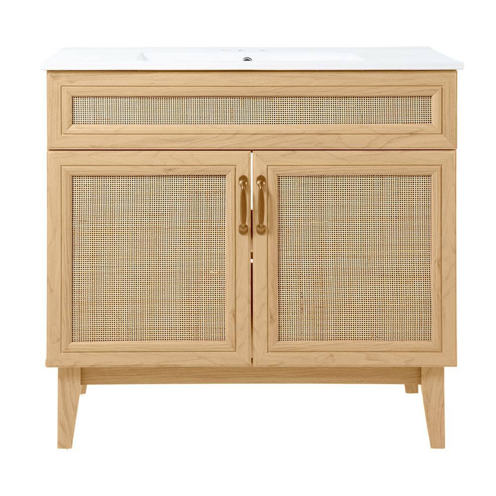 Javer 36" Oak Rattan Modern Farmhouse Bath Vanity Cabinet