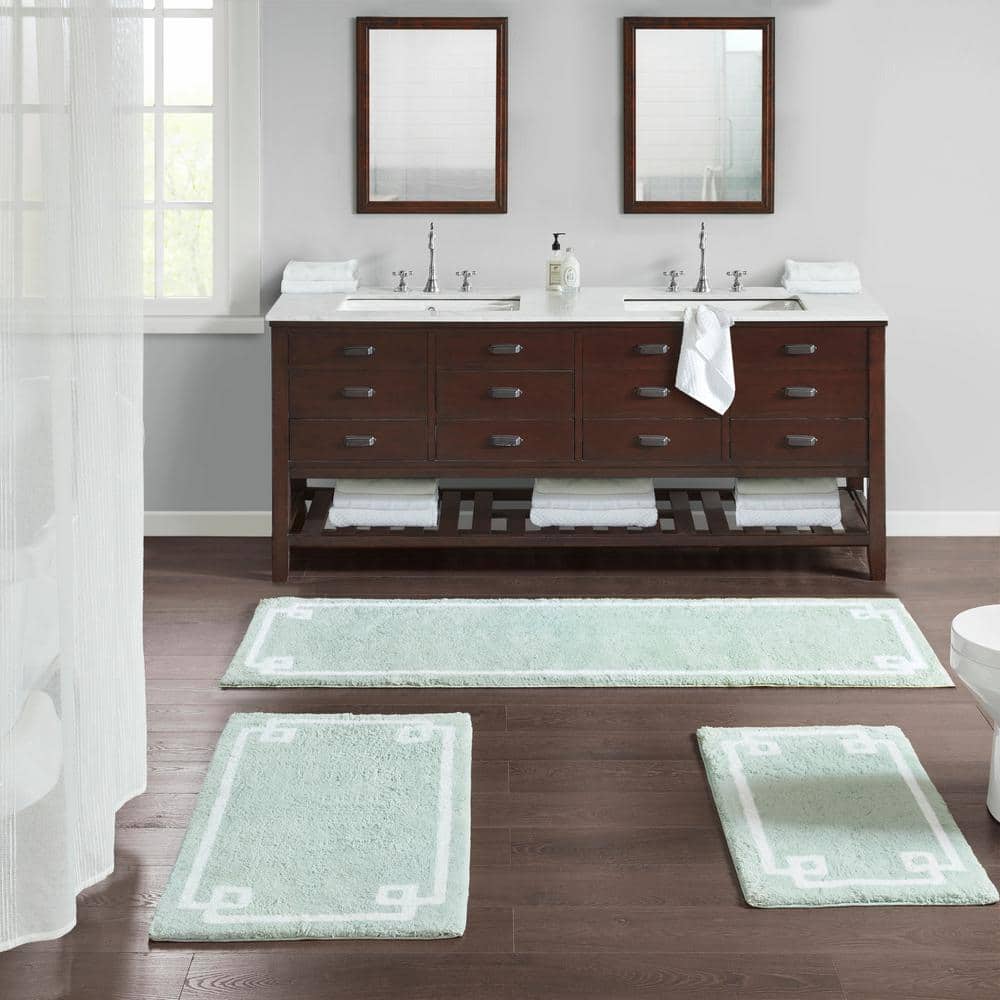 Seafoam Green Cotton Geometric Border Bath Rug 24" x 72"