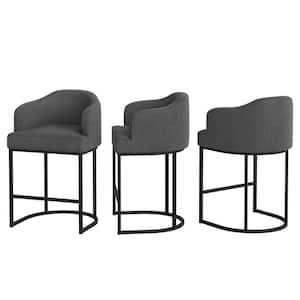 Crystal 26 in. Charcoal Gray Linen Fabric Upholstered Counter Stool Kitchen Island Bar Stool with Metal Frame Set of 3