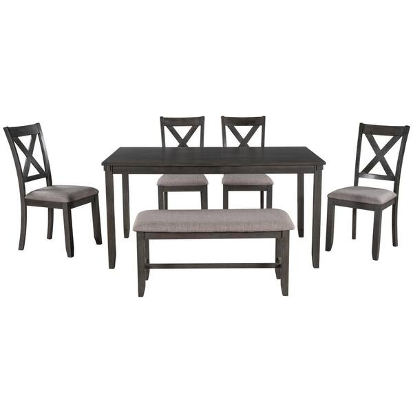 6 Piece Wood Top Gray Dining Table Set, Rectangle Dining Table Set With Bench