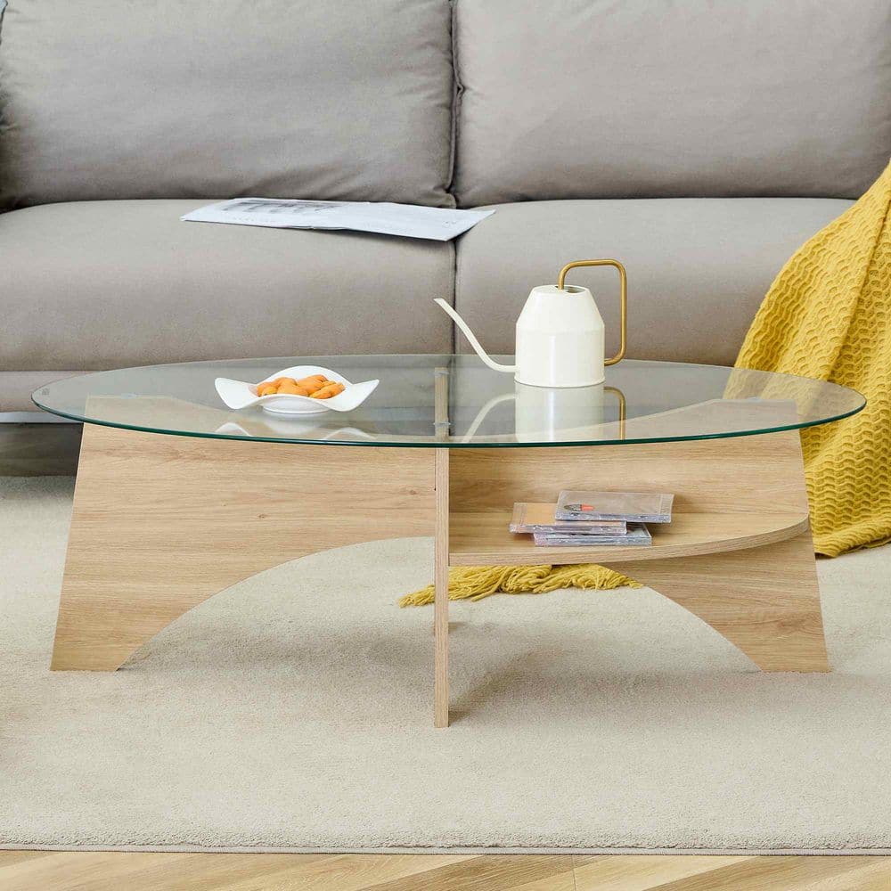 Polibi 41.3 in. Natural Wood, Transparent Oval Glass Coffee Table