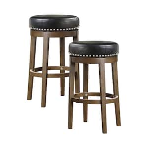 Paran 30 in. Brown Wood Round Swivel Pub Height Stool with Black Faux Leather Seat (Set of 2)